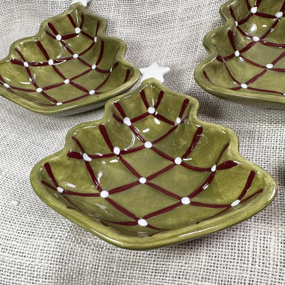 Pottery‎ Barn Seasons Greetings Christmas Tree Bon Bon Bowls Set of 4 Green